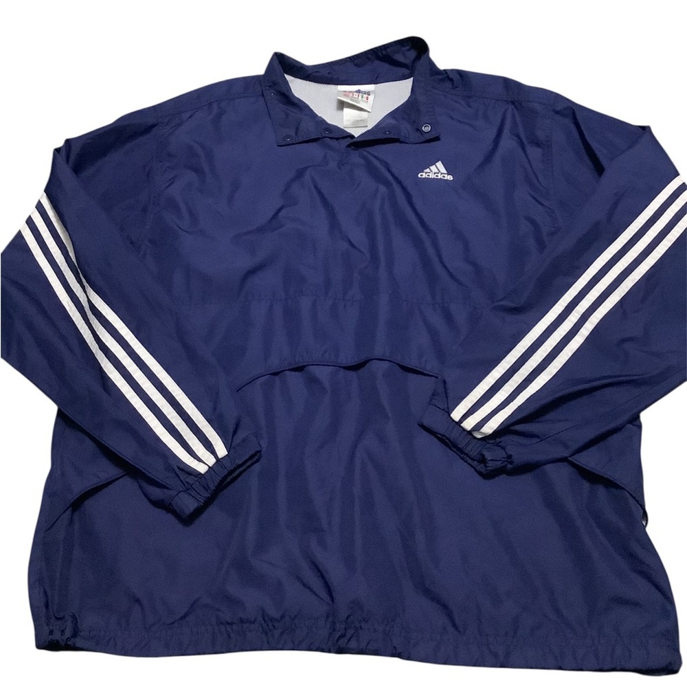 Vintage Adidas Men's Navy Windbreaker with White Stripes